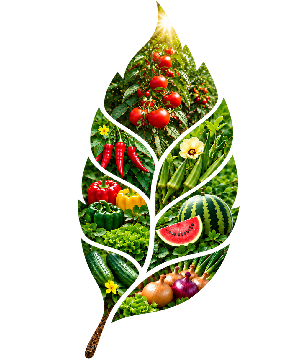 Feuille composée de tomates, piments, poivrons, gombos, concombres, pastèque et oignons.